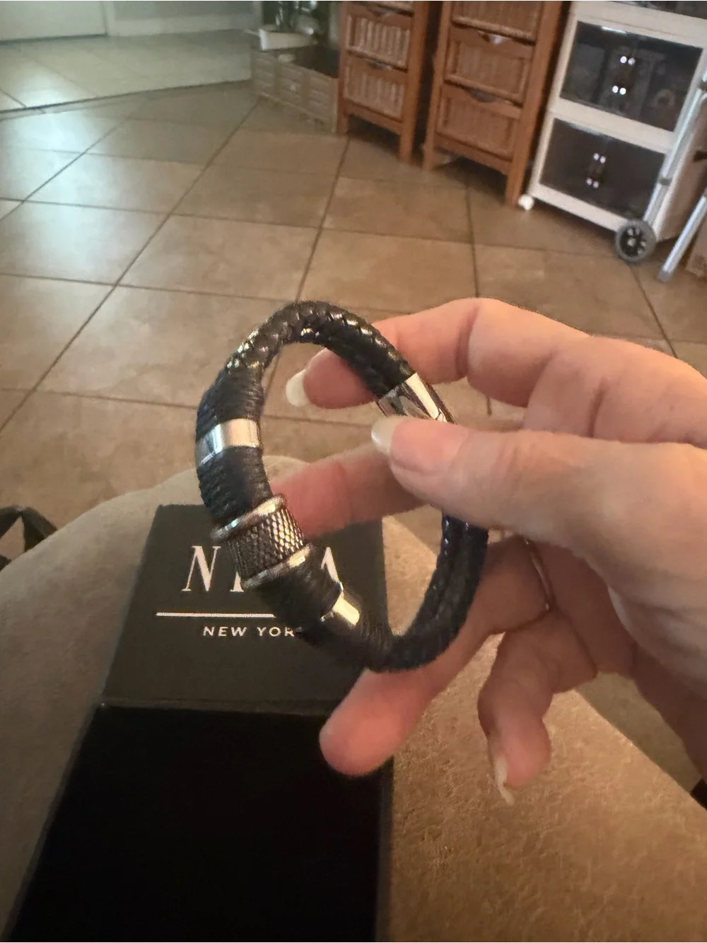 New York & Company Black Braided Leather Bracelet with Silver Accents